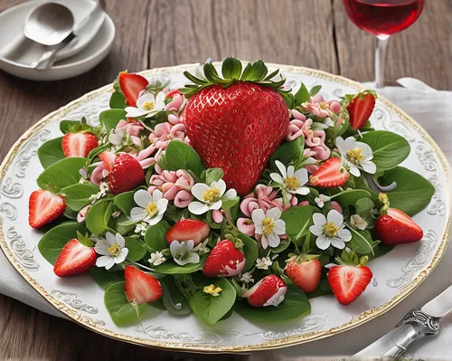 Write a comedic scenario where someone tries to impress their date with a disastrous strawberry salad.,salad of strawberries,strawberry dessert,strawberries cake,strawberry tart,salad plate,spinach sa