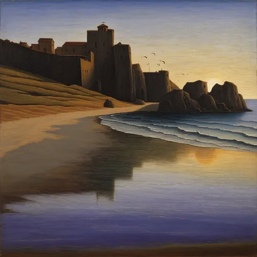 Describe a serene painting of a tranquil beach at sunset.,coastal landscape,beach landscape,landscape with sea,sea landscape,fort of santa catalina,golden sands,galician castle,praia da falésia,castle