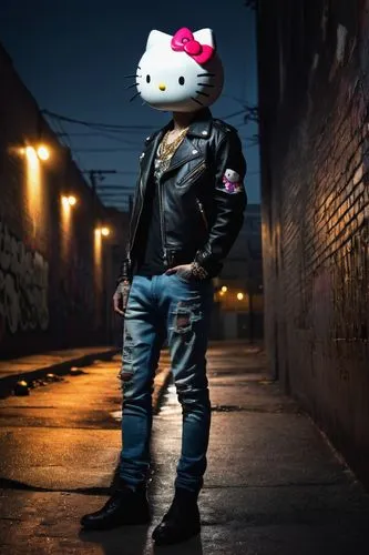 Tough gangster, Hello Kitty, graffiti wall, urban cityscape, dark alleyway, streetlamp, gritty texture, ripped jeans, black leather jacket, gold chain, menacing gaze, bold eyebrows, sharp jawline, tat