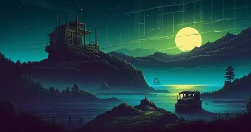 cartoon video game background,fantasy landscape,night scene,fantasy picture,oxenhorn,ghost castle,Illustration,Realistic Fantasy,Realistic Fantasy 25