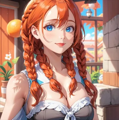 4 braids girl, red lips, smile, big boobs,  sleeveless tube top, blue eyes,  red orange hair, exposed arms,a red haired woman wearing a top and blue eyes,nami,orihime,beatrix,freyja,reynir,cana,Anime,