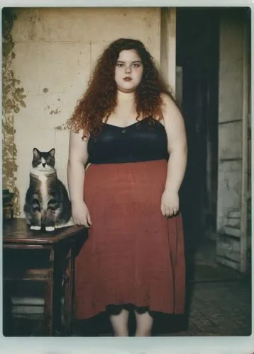 vintage,cat,skirt,red hair,obese,young woman,Photography,Documentary Photography,Documentary Photography 03