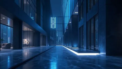 hallway space,hallway,blue room,aqua studio,corridor,luxe,glass wall,corridors,vdara,contemporary,minotti,illumina,penthouses,blue light,3d rendering,indigo,at night,glass facade,night image,rotana,Photography,General,Realistic