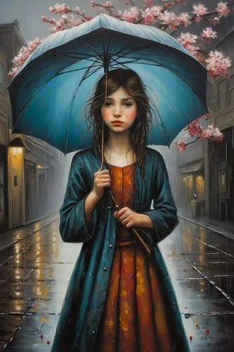 little girl with umbrella,walking in the rain,little girl in wind,rainswept,lluvia,in the rain,Illustration,Realistic Fantasy,Realistic Fantasy 34