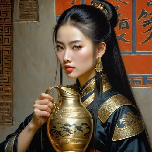 China during the Qin Empire, a mountain village, drinking milk from a jug, a very beautiful charming Chinese woman with very beautiful expressive eyes, sparkling pupils, beautiful thin lips, beautiful