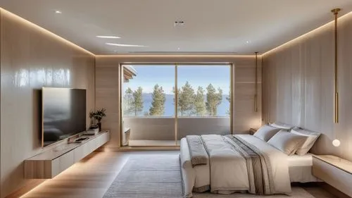 the bedroom features a large bed with pillows and covers,modern room,interior modern design,penthouses,sleeping room,great room,guest room,Photography,General,Realistic