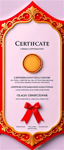 Certificate, official document, golden frame, white background, elegant font, red seal, blue ribbon, 3D embossing effect, shiny surface, detailed texture, close-up shot, soft focus, warm lighting, rea