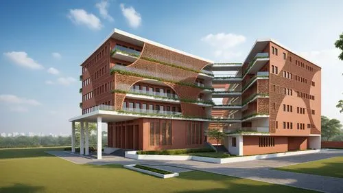 
Create a render of a university exterior façade featuring a contemporary yet traditional design. The building’s façade is predominantly brick, with intricate jaali patterns integrated into the brickw