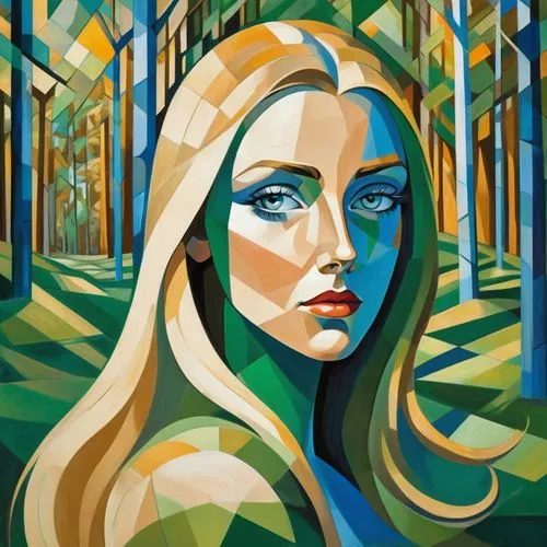 young beautiful woman with long blonde hair and green-blue eyes, looking down a sunlit forked path in woodland,art deco woman,girl with tree,margaery,blonde woman,dalida,cool pop art,seyfried,vanderho