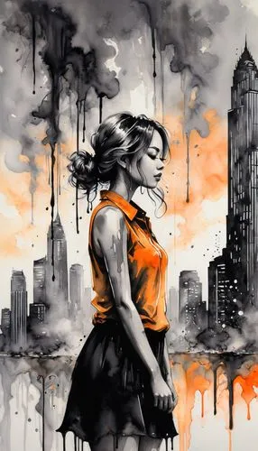 annabeth,city in flames,world digital painting,jahan,girl walking away,apocalyptic,Illustration,Black and White,Black and White 34