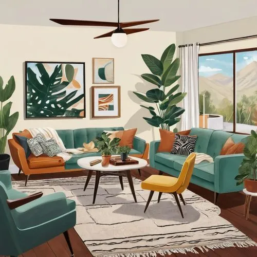 apartment lounge,living room,livingroom,mid century modern,sitting room,mid century house,sunroom,house plants,apartment,family room,shared apartment,an apartment,modern living room,houseplants,mid century,midcentury,modern decor,sofa set,houseplant,indoor,Illustration,Retro,Retro 12