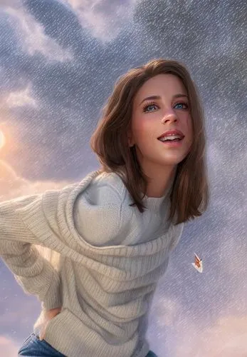 a beautiful young caucasian woman  30 years old brown hair blue eyes wearing a white wool sweater and jeans stand up in the central park in New York at the sunset as background in 4k,sky,vanessa (butt