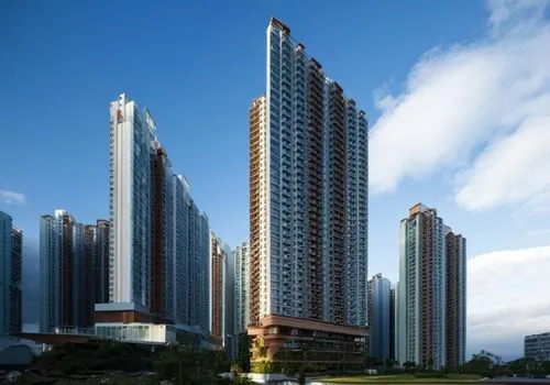 three tall buildings in a city are surrounded by water,songdo,taikoo,xujiahui,capitaland,haeundae,chongqing,Photography,General,Realistic