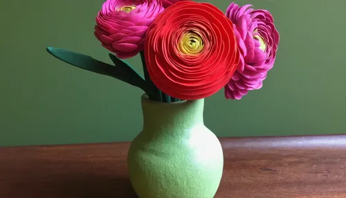 Ranunculus and Bud in First Sculpey Vase Shadows,tulip bouquet,pink lisianthus,ranunculus red,red ranunculus,two tulips,flower vase,rose arrangement,ranunculus,fabric roses,two-tone heart flower,flowe