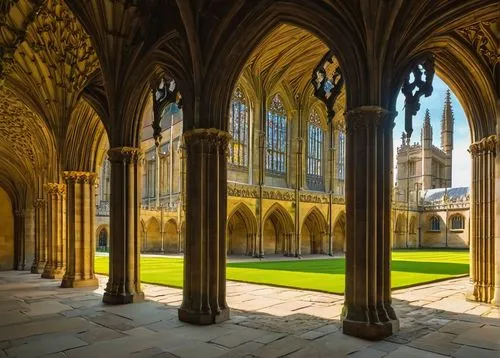 Cambridge University, King's College Chapel, Gothic architectural style, intricate stone carvings, stained glass windows, grand entrance, majestic arches, ornate vaulted ceiling, tranquil courtyard, l