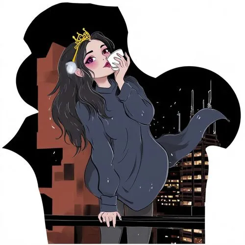 夜晚 高樓 女人站在頂樓喝咖啡 下雨,a woman holding a phone up to her ear,sae,aradia,diamanda,shadman,chunma,asami