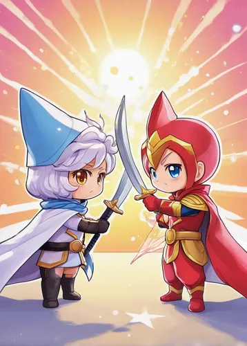 hero academy,game illustration,sword fighting,duel,valentine banner,lancers,swordsmen,hiyayakko,silver arrow,chibi children,android game,show off aurora,monsoon banner,yo-kai,fighting,chibi kids,fight,6-cyl in series,mobile game,swords,Illustration,Japanese style,Japanese Style 01