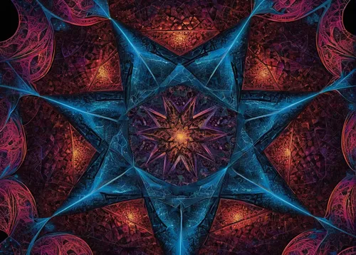 Create a dialogue between two mathematicians discussing the significance of pentagons in their research on fractal geometry.,kaleidoscope,kaleidoscope art,kaleidoscopic,mandala,dimensional,fractal art