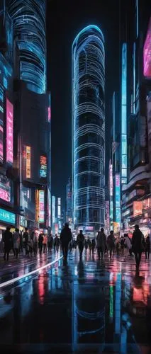 Futuristic architecture, curved lines, sleek metallic materials, neon lights, LED strips, intricate details, modern skyscraper, metropolitan cityscape, Tokyo-inspired streets, busy traffic, pedestrian