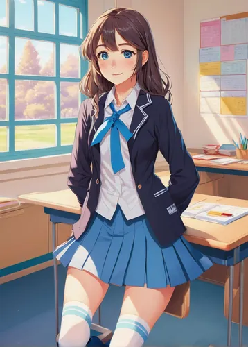 kawaii,mc,torekba,anime girl,school clothes,transparent background,cyan,rainbow background,blue background,manga,schoolgirl,japanese idol,classroom,kotobukiya,kawaii girl,idol,sitting on a chair,portrait background,anime 3d,school uniform,Art,Artistic Painting,Artistic Painting 20