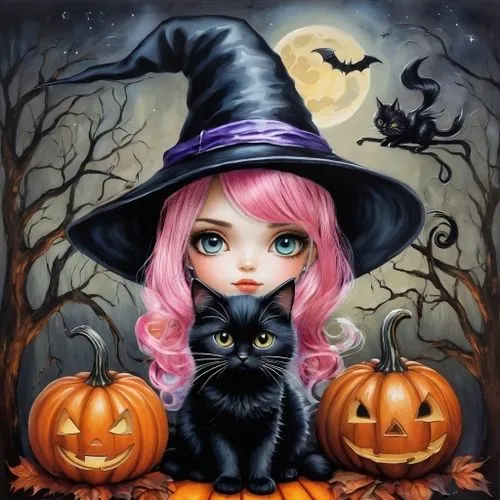 a painting with a cat on top of pumpkins,halloween black cat,samhain,halloween cat,bewitching,halloween witch,halloween illustration