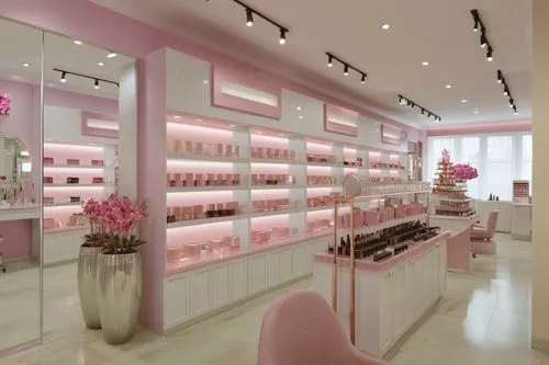 well-stocked luxury makeup store interior of beauty salon pleasant atmosphere excellent luxury lighting delicious aroma in it counters with shadows and makeup, mirrors with lights and hairdressing cha