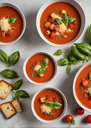 Roasted tomato soup in bowls with smaller bowls of fresh basil, parmesan cheese, cherry tomatoes and croutons,minestrone,tomato soup,pasta e fagioli,gazpacho,vegetable soup,soup bunch,stewed tomatoes,