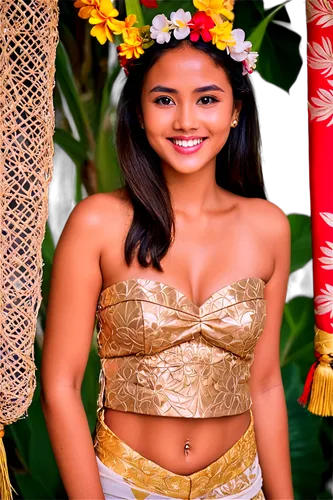 Balinese girl, traditional dress, kebaya, sarong, bare feet, golden accessories, flower garland, beautiful smile, bright eyes, dark hair, smooth skin, standing, relaxed pose, warm lighting, shallow de