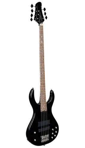 Electric bass guitar, shiny black body, silver metal hardware, rounded edges, 4 strings, white pearl inlays, music notes surrounding, solo, spotlight, low angle shot, dramatic lighting, cinematic comp