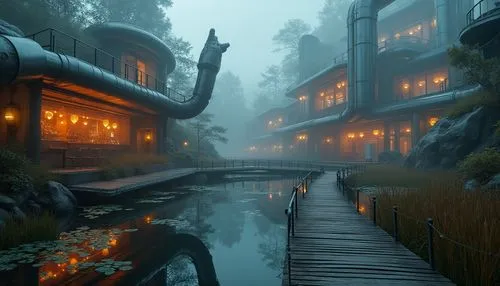 myst,riverwood,floating huts,backwater,stilt houses,swamps,riftwar,sansar,rendalen,dreamfall,house in the forest,fantasy landscape,shambhala,syberia,wooden houses,alpine village,forest lake,canals,lagoon,forest house,Photography,General,Realistic