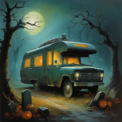 Paint a picture of a haunted camping car in a spooky graveyard.,halloween travel trailer,halloween truck,vwbus,old halloween car,halloween car,the old van,vw van,travel van,camper van isolated,vanagon