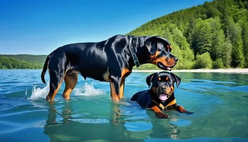 a Rottweiler and her puppy swimming in the water, beautiful blue sky.,greater swiss mountain dog,entlebucher mountain dog,black and tan coonhound,dobermann,bluetick coonhound,montenegrin mountain houn