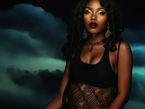 Beautiful nigerian girl, full dark curly hair, big dark almond eyes, full red lips, misty sky,a black woman wearing a short skirt with a lace top,sharmell,black jane doe,gothika,badu,nephthys,derivabl