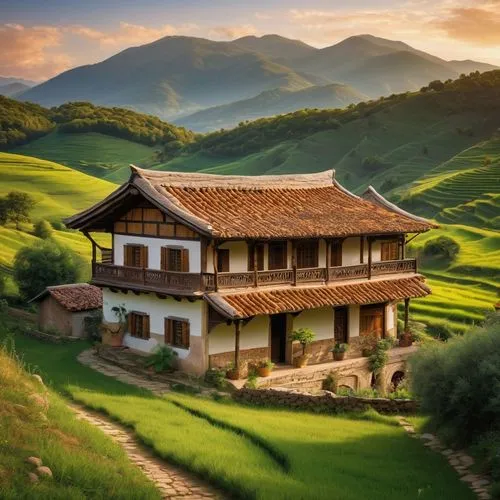 rice terrace,house in mountains,rice terraces,home landscape,rice fields,traditional house,house in the mountains,tulou,ricefield,rice field,basque country,ancient house,the rice field,tea plantations,rural landscape,green landscape,asian architecture,roof landscape,ricefields,alpine pastures,Art,Artistic Painting,Artistic Painting 32