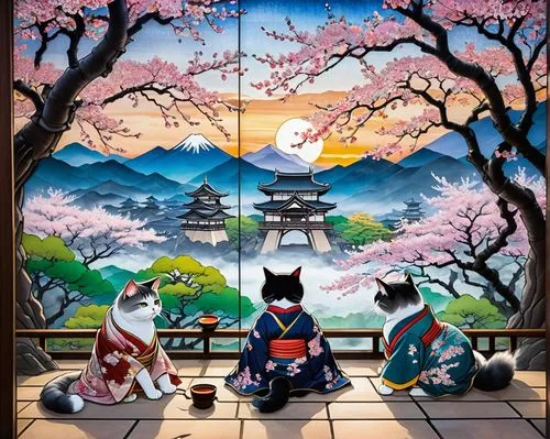 tea ceremony,ukiyoe,japanese art,hiroshige,yoshitsune,japanese sakura background,Unique,Paper Cuts,Paper Cuts 08