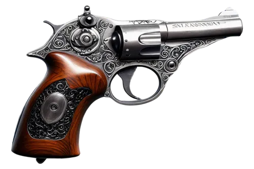 Gun, handgun, pistol, metal material, silver texture, detailed engravings, wooden grip, finger rest, trigger, muzzle, bullets, smoke effect, low-angle shot, dramatic lighting, cinematic composition, s