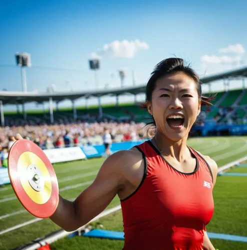 一名漂亮开心兴奋的中国女运动员在奥运会室外田径场做出奥运铁饼投掷动作，嘴巴大张，处于终点线上开心呐喊，表情兴奋激动，她的表情展现出决心。身着红色短袖和黑色短裤。背景是坐满人群的看台上欢呼的观众。全身高清摄影风格拍摄。背景是绿草地和晴朗蓝天，营造出强烈的深度和透视感。,yunlei,yuhara,nishioka,hsieh,yuhui,soeda,ekiden,shotput,makiko,aya