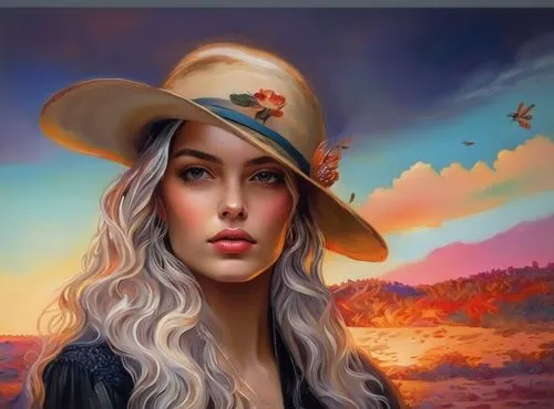 world digital painting,fantasy portrait,digital painting,woman's hat,portrait background,fantasy art,girl wearing hat,photo painting,painting technique,yellow sun hat,high sun hat,the hat of the woman