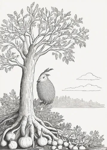 barbary fig,pear cognition,the roots of the mangrove trees,artocarpus odoratissimus,bell apple,aegle marmelos,walnut trees,osage orange,hokka tree,vinegar tree,fig tree,american chestnut,acorn,sacred fig,book illustration,hardy kiwi,eastern black walnut,birch tree illustration,rock pear,strawberry tree,Illustration,Black and White,Black and White 29