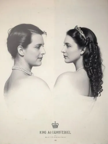 King and Queen of Württemberg as high-resolution art portrait photography in black and white,vintage portrait of two women from a beauty pageant,duchesses,countesses,cd cover,queenship,lovelace,louden