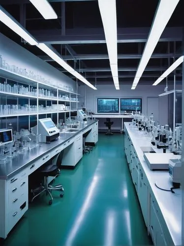 Modern laboratory, sleek futuristic design, white walls, metallic equipment, glass cabinets, stainless steel countertops, epoxy resin floors, minimalist decor, overhead LED lighting, rows of computer 