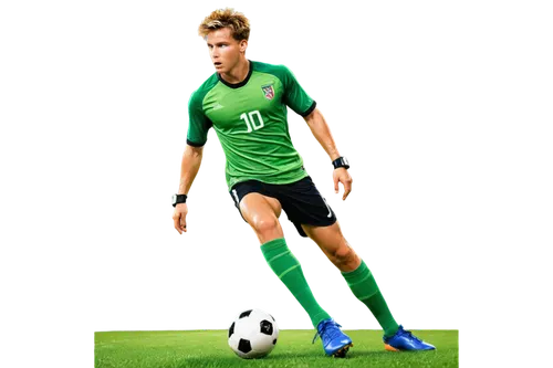 Free soccer player, athletic male, dynamic pose, messy short hair, sweat droplets, intense facial expression, muscular legs, sporty shorts, shin guards, cleats, green grass, stadium lighting, low-angl