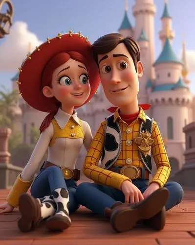 Cinematic video picture of a Woody and Jessie sitting lovingly, leaning on each other, disney castle background, original disney characters, pixar 3D characters, Jessie the Yodeling Cowgirl, Sheriff W