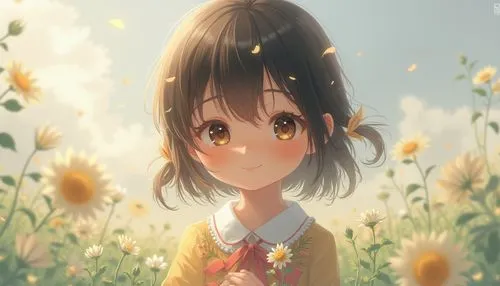 tamako,tsukiko,flower background,field of flowers,holding flowers,sea of flowers