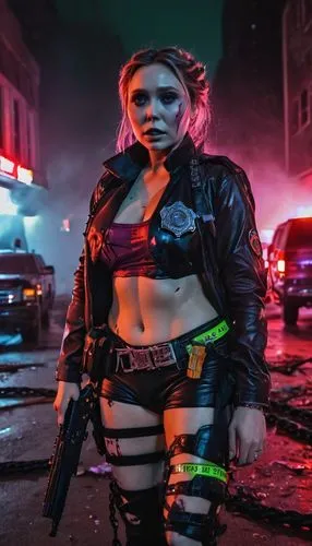 harley quinn,domino,cyberpunk,holtzmann,cyberdog,neon body painting,bulletgirl,lapd,harley,badass,femme fatale,policewoman,vigilante,enforcer,renegade,nypd,girl with gun,scarlett,shadowrun,cyberpunks,Illustration,Realistic Fantasy,Realistic Fantasy 47