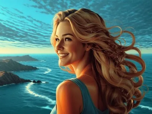 she came to me one morning big smile on her face all she was wearing was her amazing milk skin with long swirl hair in a misty sky ,the girl with her hair flying in the air,wyland,mermaid background,o