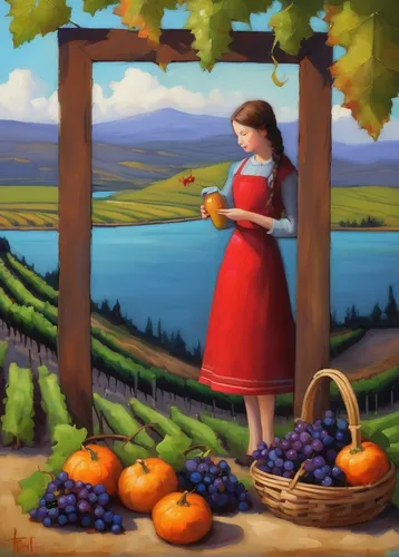 girl picking apples,grape harvest,harvest festival,wine harvest,winemaker,apple harvest,apple orchard,tuscan,woman eating apple,woman holding pie,autumn chores,fall harvest,sonoma,fall landscape,orchards,meticulous painting,viticulture,autumn taste,apple picking,autumn landscape,Illustration,Abstract Fantasy,Abstract Fantasy 06