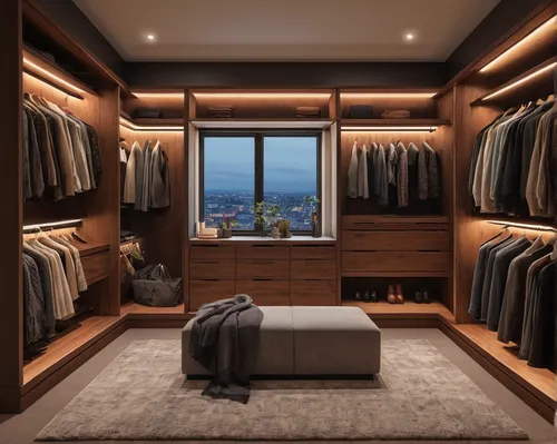 Create a cozy walk-in closet with soft carpeting, warm lighting, and a reading nook.,walk-in closet,closet,wardrobe,great room,modern room,sleeping room,dresser,interior design,bedroom,room divider,dr