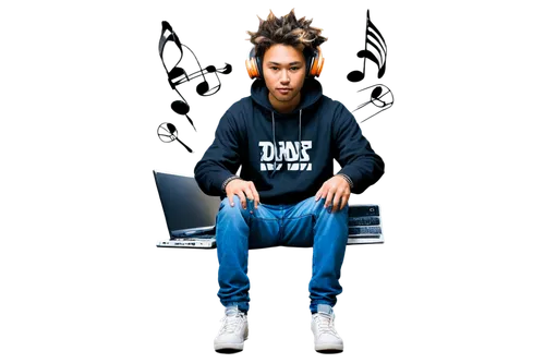 Young DJ, headphones, messy hair, casual wear, hoodie, ripped jeans, sneakers, laptop, music notes, sound waves, vinyl records, dim lighting, urban atmosphere, low-angle shot, cinematic composition, w