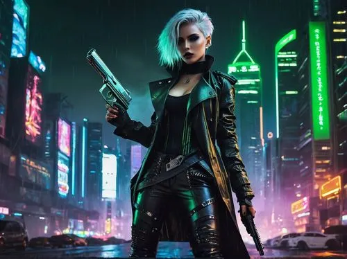 Cyberpunk, dual wielding, female assassin, neon lit cityscape, futuristic skyscrapers, holographic advertisements, rainy night, leather trench coat, ripped jeans, black combat boots, silver hair, pier